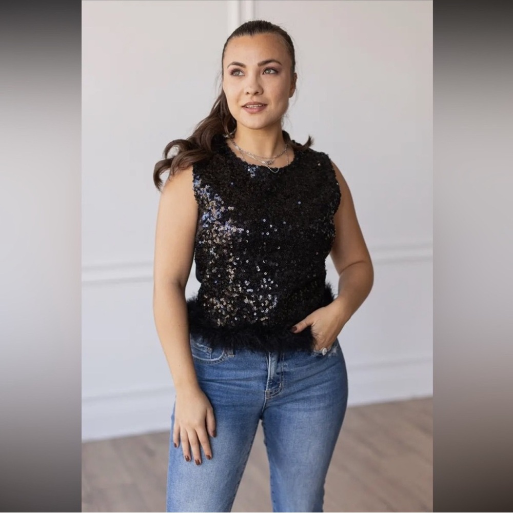 Black Sequin Sleeveless Feathered Top
